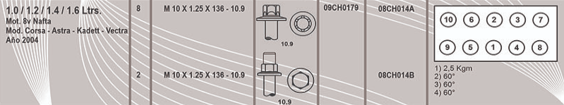 TORNILLOS TAPA CILINDRO CHEV CORSA / CLASSIC 1.0 / 1.4 / 1.6 / 1.8 (C/ESPARRAGO) (CH17)